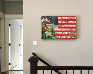 "America the Beautiful" American Flag Canvas Art – Canvas art with american flag and morphing regional landscape motif hung above a staircase