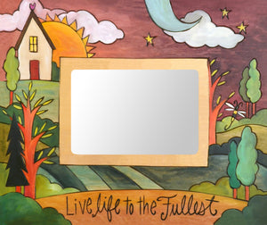 "Iowa Nice" Picture Frame – "Live Life to the Fullest" frame with sun and moon on the horizon with home motif front view