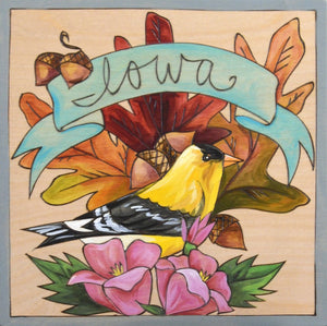 "Iowa Proud" Plaque – "Iowa" plaque with goldfinch motif front view