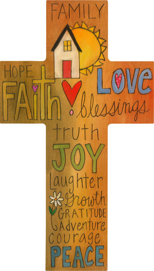"Joy of Family" Cross Plaque – Beautiful artisan printed cross with family motifs front view