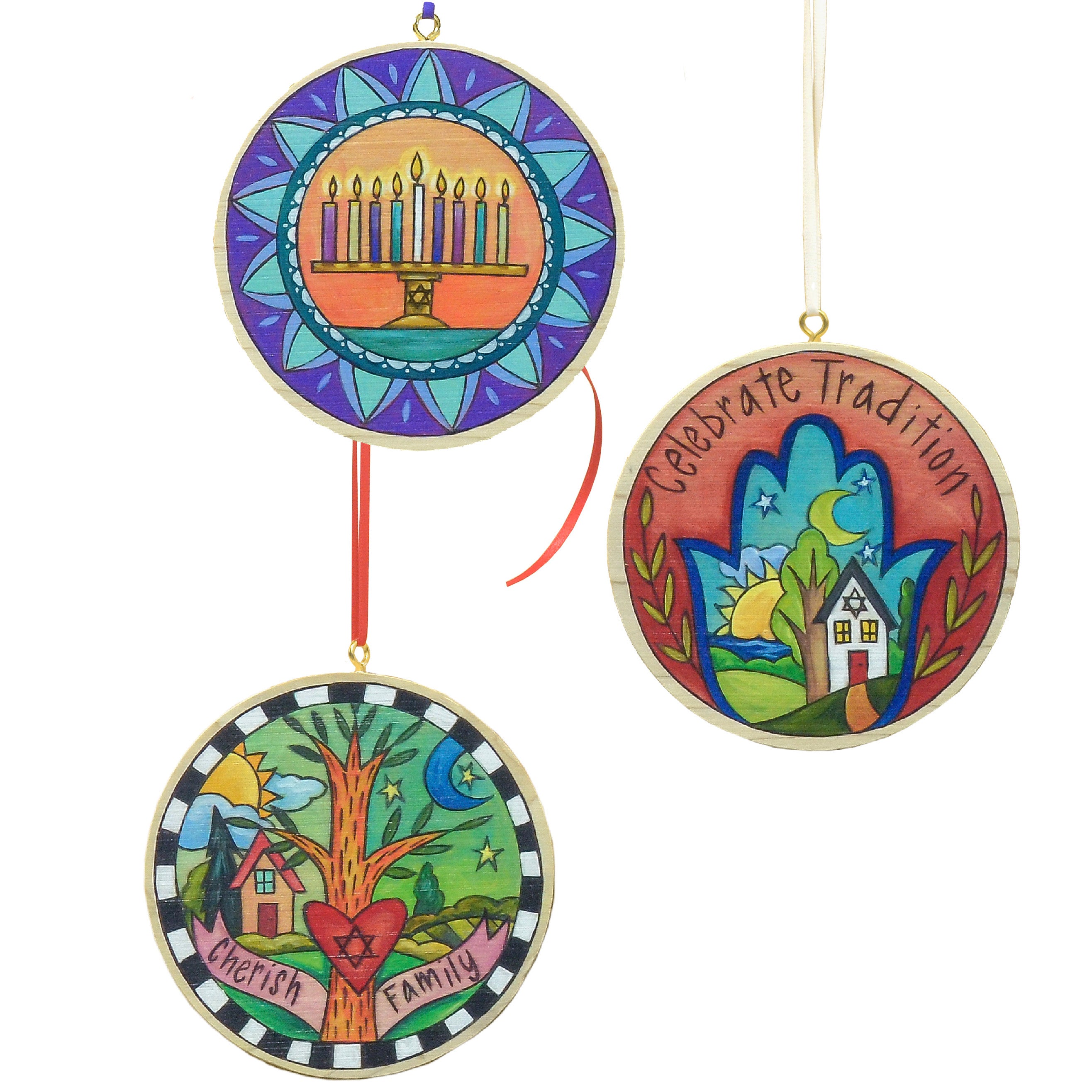 Circle Judaica Ornament Set – A set of all three printed circle Judaica ornaments gets you a little savings! main view of all three ornaments