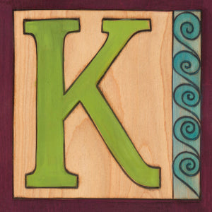 Sincerely, Sticks "K" Alphabet Letter Plaque option 1 with swirl, wave edge