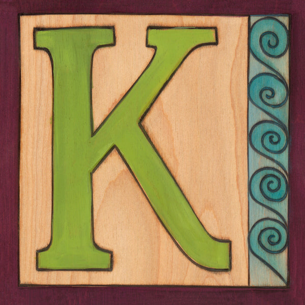 Sincerely, Sticks "K" Alphabet Letter Plaque option 1 with swirl, wave edge