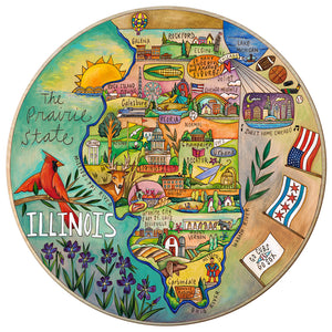 "Little Susan on the Prairie" Lazy Susan – "The Prairie State" Illinois map lazy susan surrounded by prominent state symbols and flags