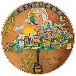 Hand made lazy susan with bright imagery of the geography and wildlife in Kentucky