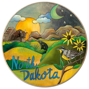 "Natural North Dakota" Lazy Susan – Bright and beautiful landscape from North Dakota with a wild bison and meadowlark state bird front view