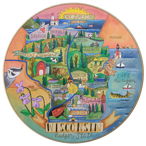 "Wondrous Wisconsin" Lazy Susan – "Badger State" lazy susan with beautiful scenes of Wisconsin motif front view