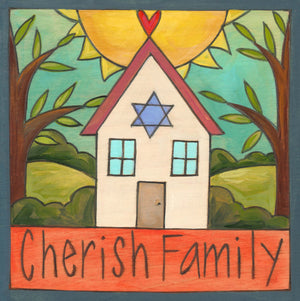 "L'Chaim" Plaque – "Cherish family" plaque with a happy home with a blue Star of David above its door