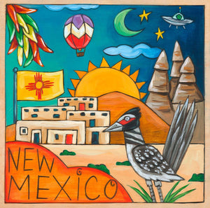 "Land of Enchantment" Plaque – Eclectic design of New Mexico symbols surrounding its desert landscape