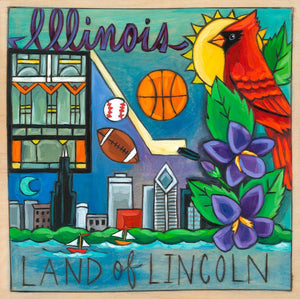 "Land of Lincoln" Plaque – Chicago lakeside landscape surrounded by other iconic Illinois symbols