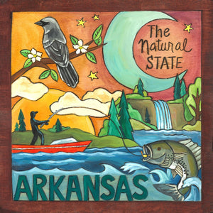 "Land of Opportunity" Plaque – "The natural state" Arkansas plaque with beautiful fishing scene and mockingbird front view