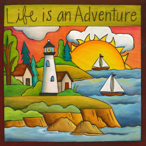 "Life is an Adventure" Plaque – Coastal landscape scene with a lighthouse and boats along the bay front view
