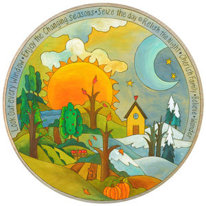 "Little Cabin in the Woods" Lazy Susan – Beautiful artisan printed lazy susan with four seasons landscape and sun and moon motif