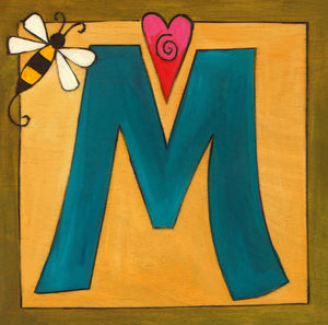 Sincerely, Sticks "M" Alphabet Letter Plaque option 2 with heart and bee