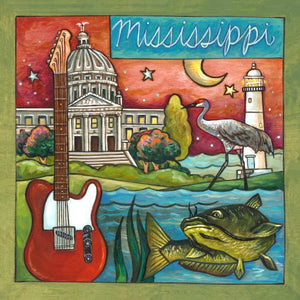 10"x10" Plaque – Hand painted with famous Mississippi landmarks and wetland wildlife.