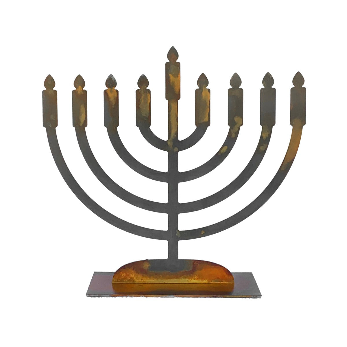 Menorah Sculpture – Dress up your home's dining table or mantle during Hanukkah with this menorah that includes little yellow candle magnets displayed without magnets on a white background