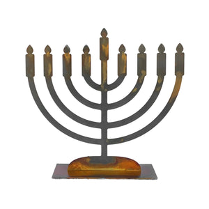 Menorah Sculpture – Dress up your home's dining table or mantle during Hanukkah with this menorah that includes little yellow candle magnets displayed without magnets on a white background