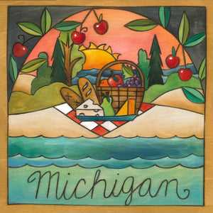 "Michigan is a Banquet" Plaque – "Michigan" plaque with picnic on the beach under the sunset motif front view