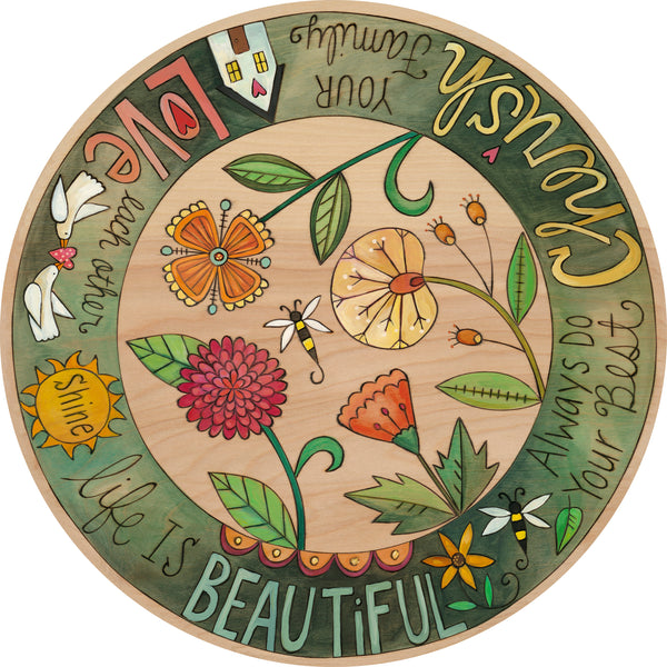 "Mod About You" Lazy Susan – Inspirational phrases wrap around a contemporary floral motif front view