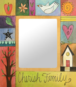 "Polka Dots and Happy Thoughts" Picture Frame – "Cherish Family" frame with colorful home and family tree motif front view