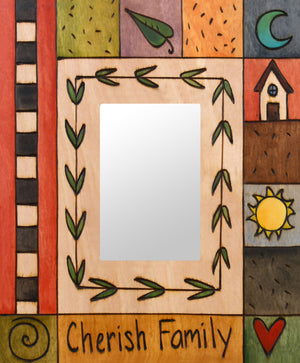 "Polly's Quilt" Picture Frame – "Cherish Family" frame with sun, moon and home motif front view