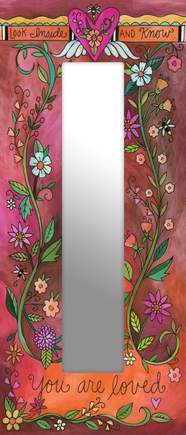 "Reflect" Mirror – "Look inside and know you are loved" with wrapping floral vines front view