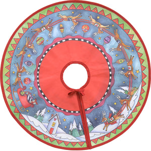 "Run, Run, Rudolph" Tree Skirt – Rudolph and his reindeer crew circle around a starry-sky landscape on our canvas tree skirt top view