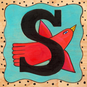 Sincerely, Sticks "S" Alphabet Letter Plaque option 1 with red bird