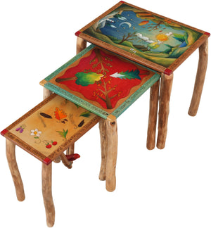 Nesting Table Set –  Lovely, contemporary nesting table set of three with four seasons motifs and birch legs