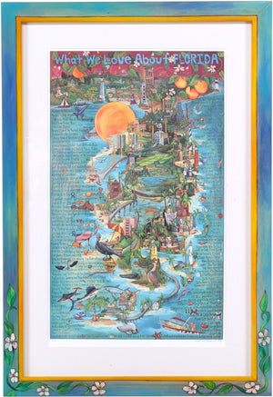 Framed WWLA Florida Lithograph –  "What We Love About Florida" litho print in handcrafted Sticks frame
