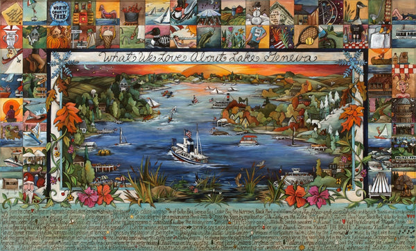 WWLA Lake Geneva Lithograph –  "What We Love About Lake Geneva" lithograph with beautiful scene of the lake motif