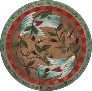Sticks Handmade 20"D lazy susan with two love and peace birds with flowering vines