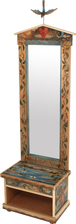 Hall Tree –  Beautiful folk art hall tree with mirror and storage bench featuring a coastal landscape and vine motifs, "Follow Your Heart"