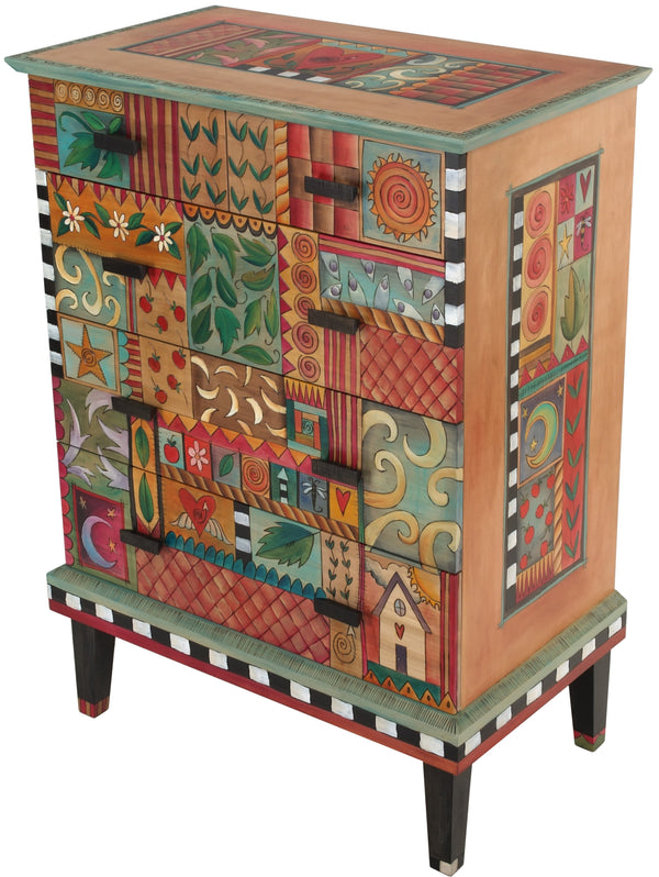 Tall Dresser –  Eclectic and colorful tall dresser with lovely romantic scrolling patterns throughout