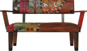 Loveseat with Leather Seat –  Beautiful loveseat with hand stitched colorful block icons and landscapes