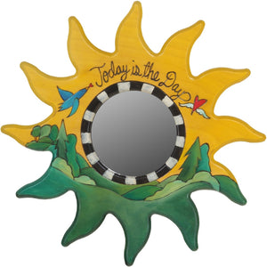 Sun Shaped Mirror –  "Today is the Day" sun-shaped mirror with bird flying over the green woods motif
