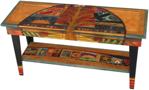 Sticks handmade 5' sofa table with tree of life and colorful folk art icons