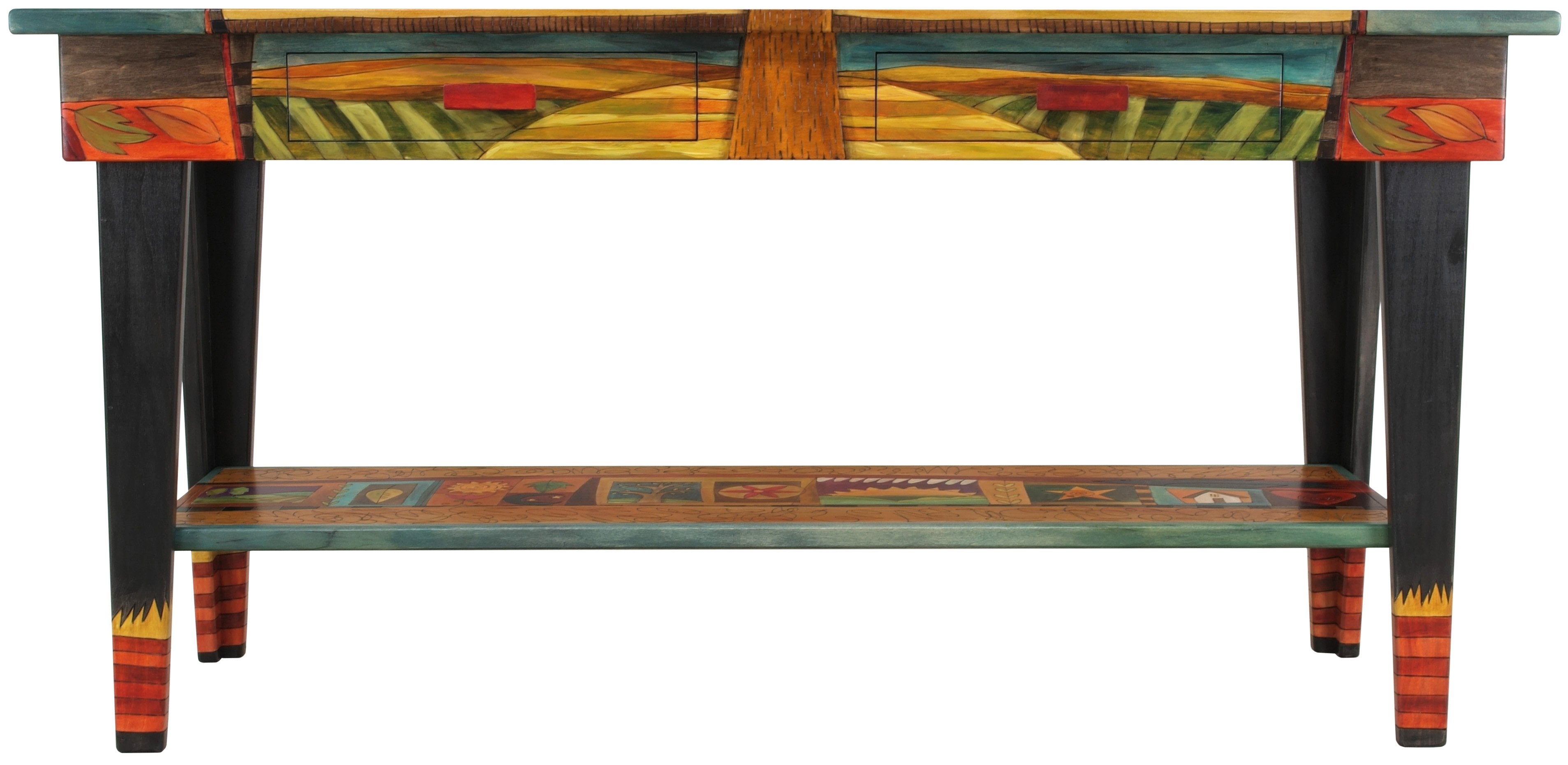 Sticks handmade 5' sofa table with tree of life and colorful folk art icons