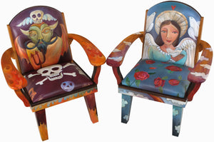 "I need a miracle every day" fiery devil themed chair with coordinating angel chair