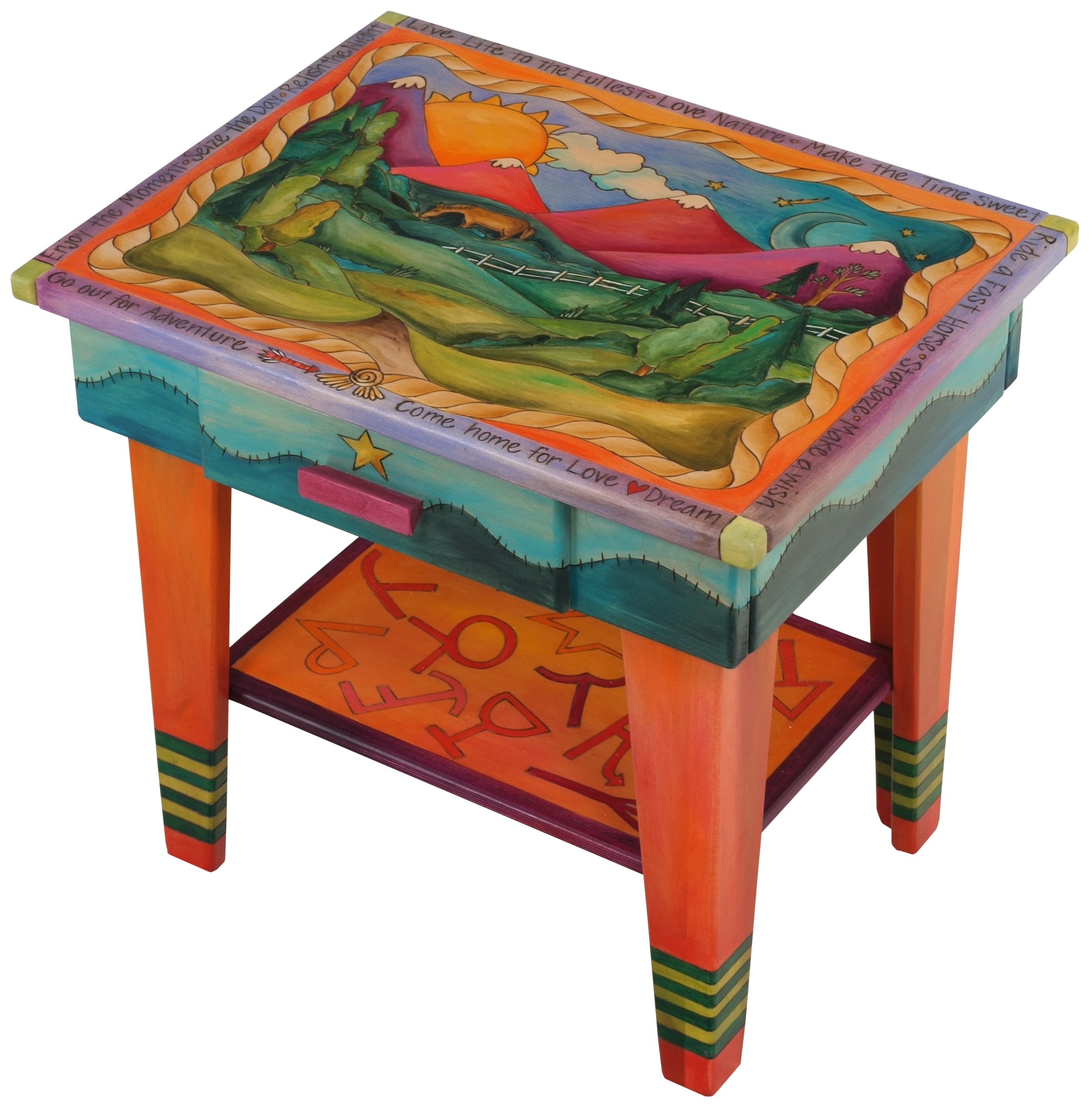 Nightstand with Open Shelf –  Colorful nightstand with rolling mountains and symbols motif