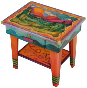 Nightstand with Open Shelf –  Colorful nightstand with rolling mountains and symbols motif