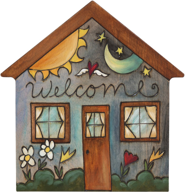 House Shaped Plaque –  "Welcome" house shaped plaque with sun and moon motif