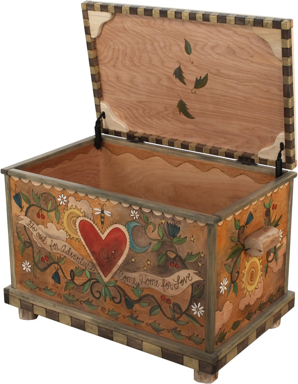 Chest –  "Go out for Adventure. Come Home for Love" chest with heart and flower motif