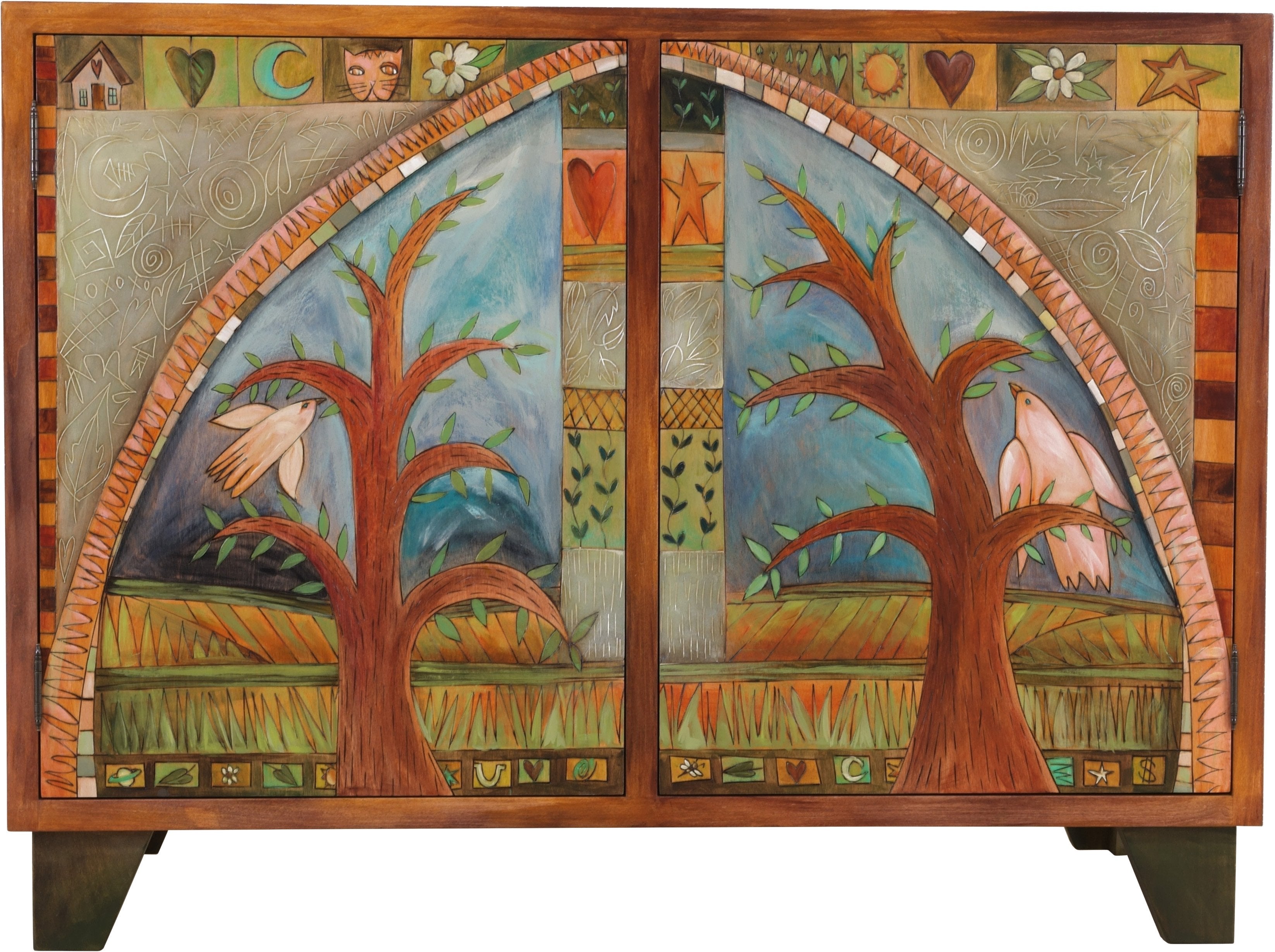 Media Buffet –  Elegant and neutral media cabinet with tree of life motifs and colorful block icons throughout