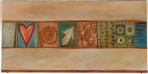 Media Buffet –  Elegant and neutral media cabinet with tree of life motifs and colorful block icons throughout