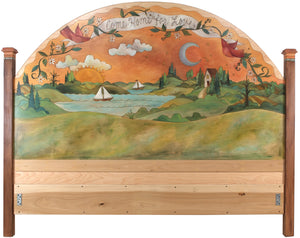 King Bed – "Come Home for Love" king bed with sun and moon over sailboat on the lake motif headboard only view