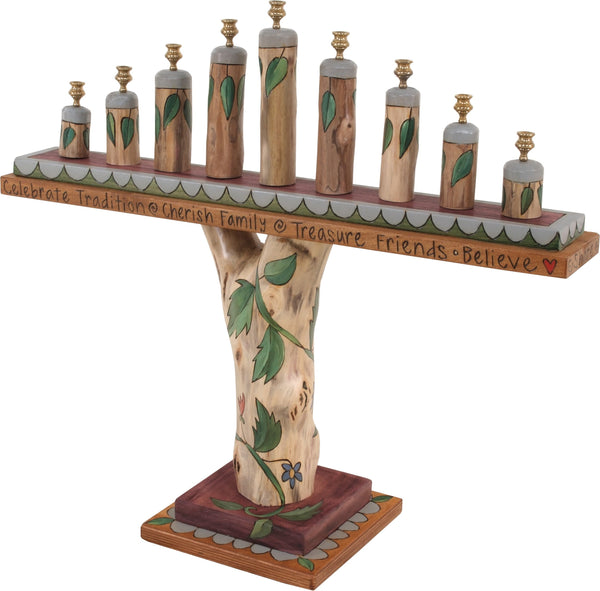 Log Menorah –  Natural and elegant menorah with birch and vine motifs