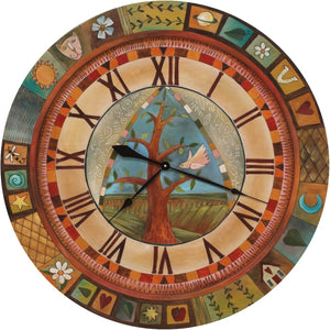 Sticks handmade 36"D wall clock with tree of life and colorful life icons