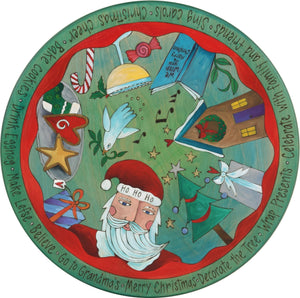 20" Holiday Lazy Susan – Classic Sticks Christmas icons are sprinkled about this lazy susan in blue and green hues