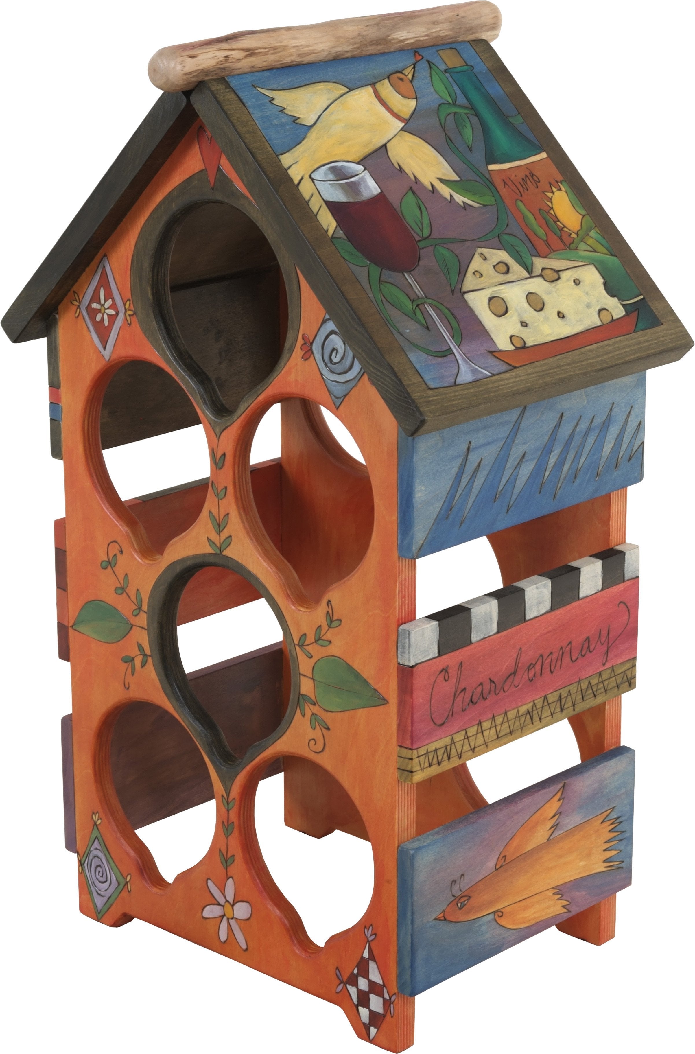 Sticks handmade wine rack with folk art imagery